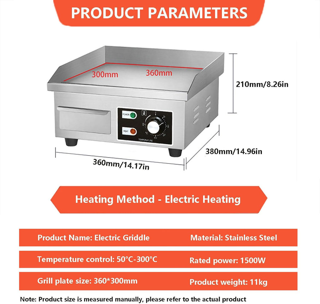 Commercial Electric Griddle, Electric Teppanyaki Grill + 4 Frying Spatula, Stainless Steel Burger Bacon Grill Plate, Electric Griddle and Warmer, w/Temperature ，1500W