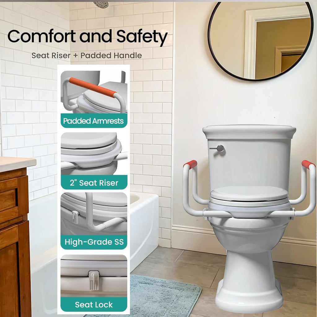 R&T Toilet Seat Riser 2' Raised Seat with Removable Padded Handles Fit for Elongated Toilets