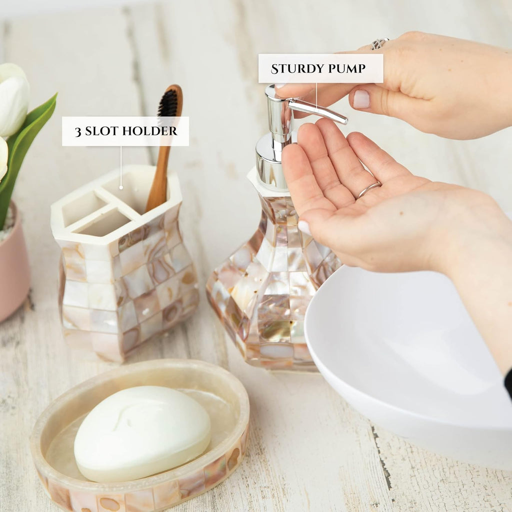 Milano 6 Piece Bathroom Accessory Set with Natural Mother of Pearl Shells - Includes: Bathroom Trash Can, Tissue Cover, Soap Dispenser, Toothbrush Holder, Tumbler and Soap Dish