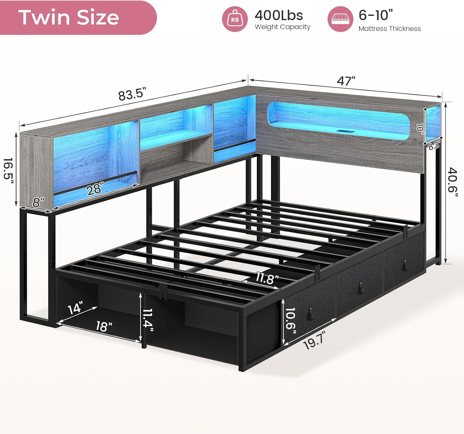 ADORNEVE Twin Corner Bed Frame with Bookcase Storage & LED Light Headboard, Charging Station, Metal Daybed with 3 Drawers & 2 Open Cubbies, for Small Bedrooms, Black & Oak Grey