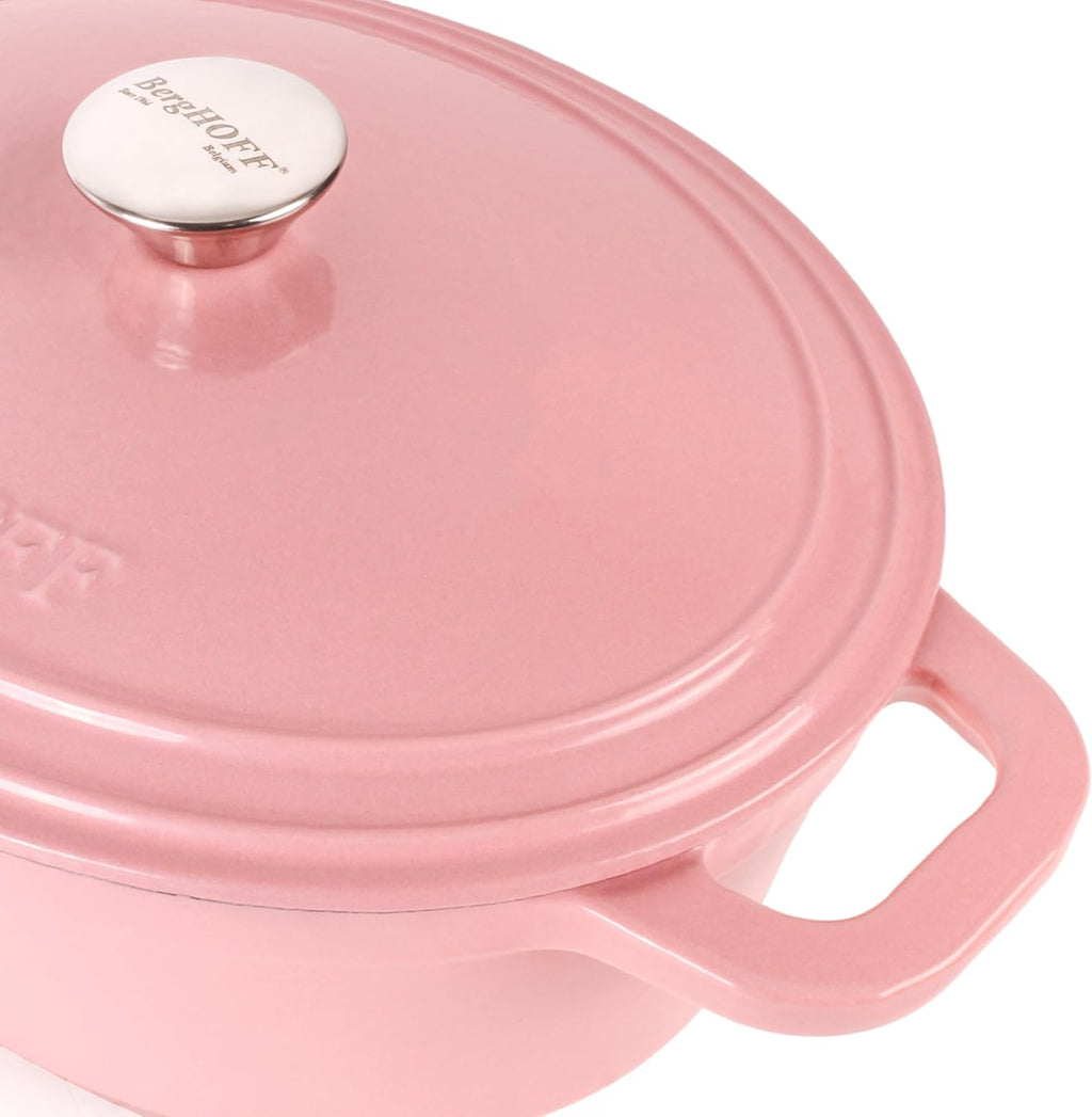 BergHOFF 3Pc Neo Enameled Cast Iron Cookware Set, 3qt. Dutch Oven, Matching Lid, Square Grill Pan 11 Inches, Oven Safe Up To 400°F, Pink