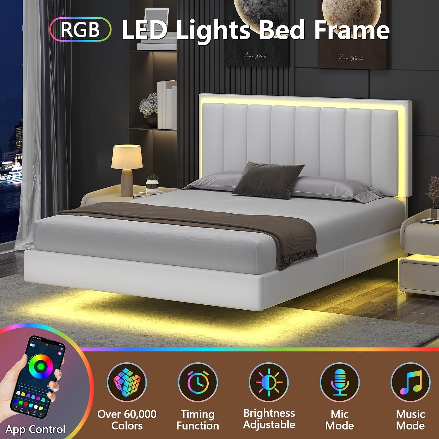 IMMERSTABLE Queen Size Floating Bed Frame with LED Lights, Upholstered Platform Bed with Headboard, 11 in Storage Clearance, Solid Wood Slats, No Box Spring Needed, Easy Assembly, White