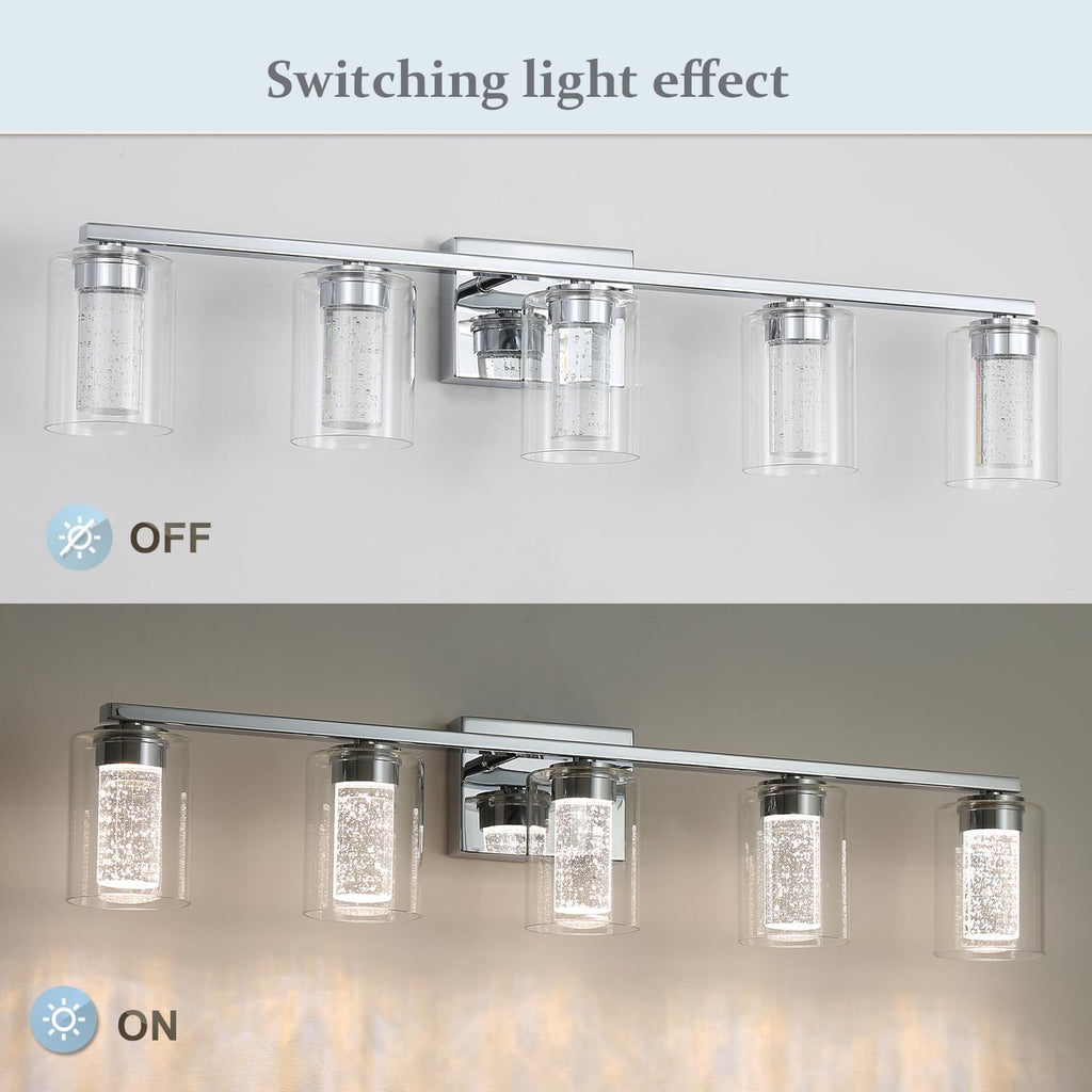 EMONG 5-Light Chrome Bathroom Light Fixtures,Dimmable 5CCT LED Vanity Lights with Clear Glass,2700K-6500K Adjustable Crystal Bubble Bathroom Lights Over Mirror for Hallway,Living Room