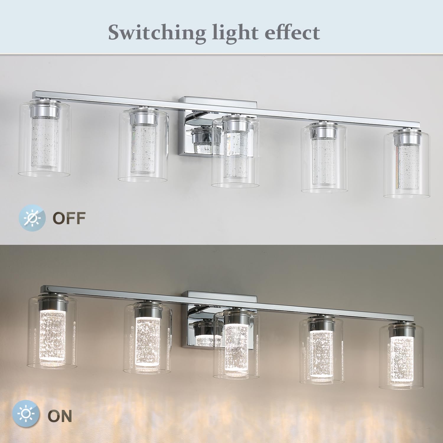 EMONG 5-Light Chrome Bathroom Light Fixtures,Dimmable 5CCT LED Vanity Lights with Clear Glass,2700K-6500K Adjustable Crystal Bubble Bathroom Lights Over Mirror for Hallway,Living Room