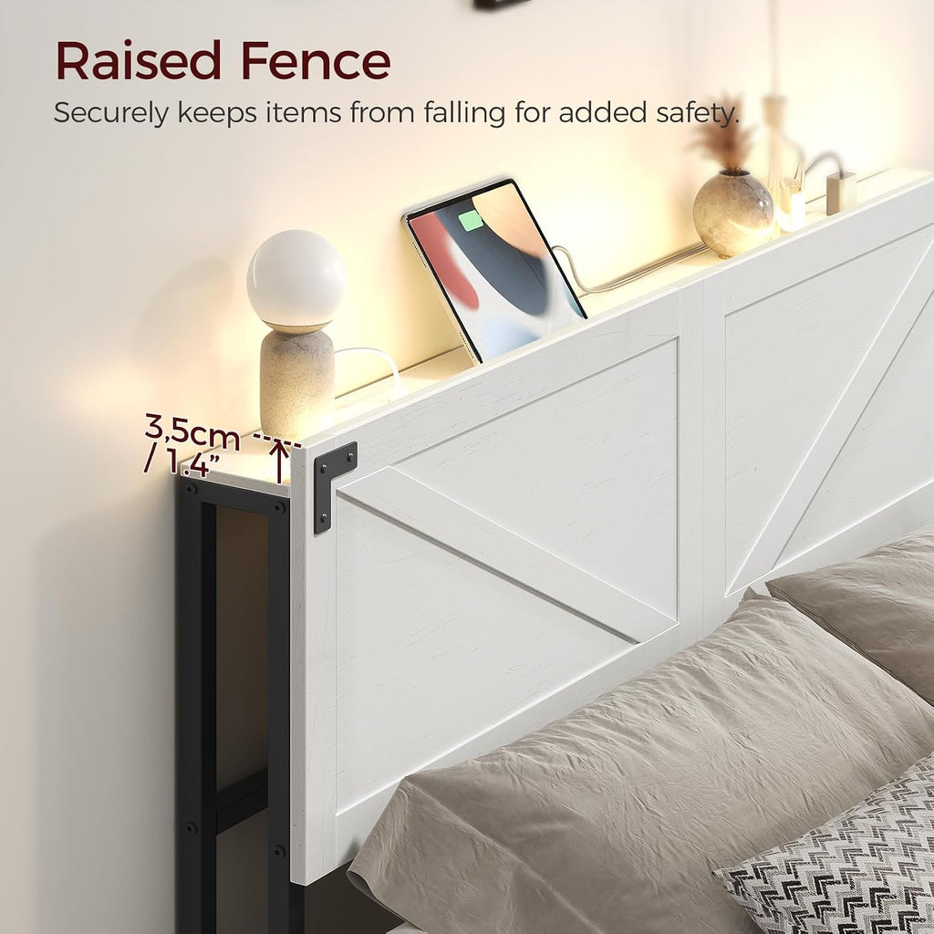 MAHANCRIS Queen Size Headboard Only, Headboard with 2 Outlets and 2 USB Ports, Farmhouse Headboard, with LED Lights, Secure Storage with Raised Fence, with Bed Frame Adapter, White and Black