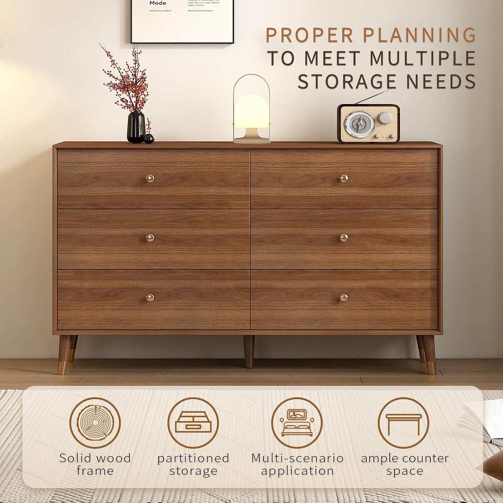 Messenya 6 Drawer Dresser for Bedroom, 47 Inch Walnut Dresser for Closet, Mid Century Wood Chest of Drawers with Natural Texture & Pre-Embedded Slots for TV Stand, Living Room, Hallway, Office