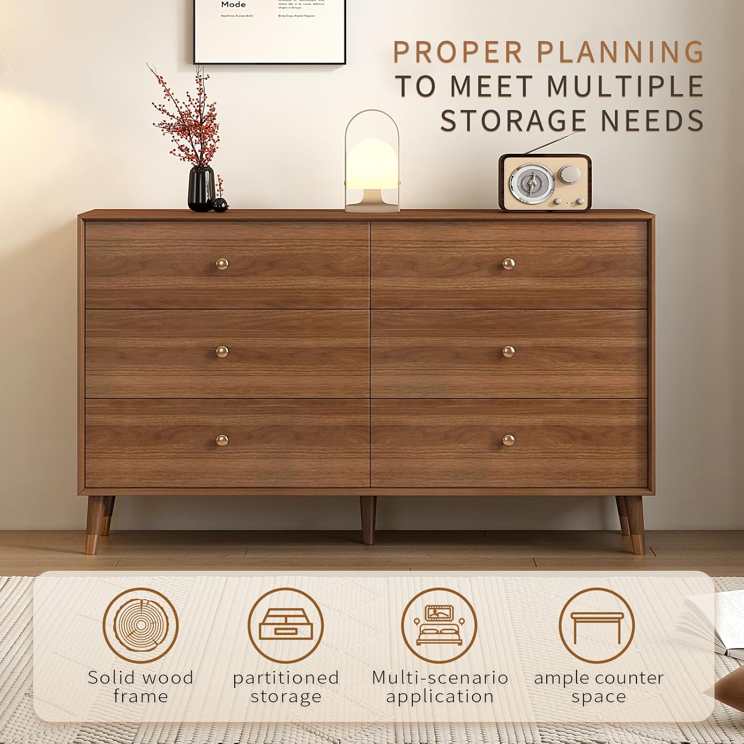 6 Drawer Dresser For Bedroom, 2 PCS 47 Inch Dresser for Closet with Walnut Frame, Modern Wood Chest of Drawers with Natural Texture & Pre-Embedded Slots For TV Stand, Living Room, Hallway, Office