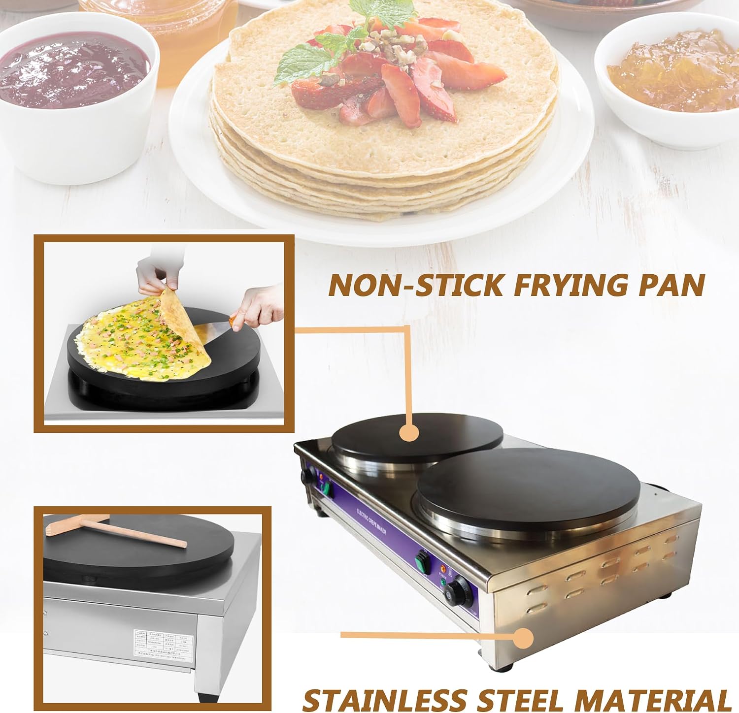 TECHTONGDA 15.7in Electric Griddle Crepe Maker 220V Commercial Double Pancake Maker with Non Stick Plate, Adjustable Temperature for Blintzes Tortilla