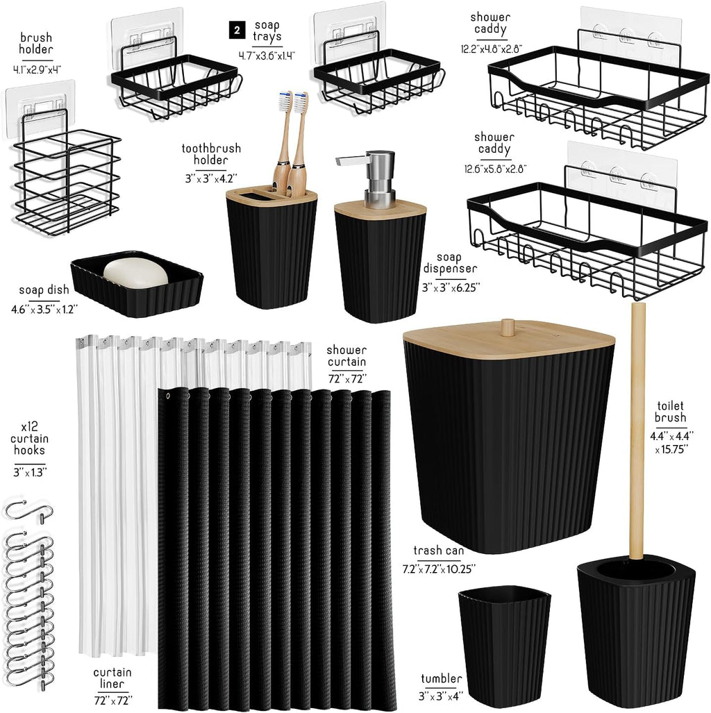 Hearth & Harbor Bathroom Accessories Set - Bathroom Set, 20PC Bathroom Accessory Set, Shower Curtain Set, Toilet Brush, Trash Can & Soap Dispenser (Black, Shower Caddy + Bathroom Set)