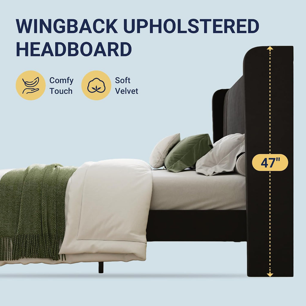Allewie Full Size Velvet Platform Bed Frame with Vertical Tufted Wingback Headboard, Easy Assembly, Under Bed Storage, No Box Spring Required, Modern Style, Black