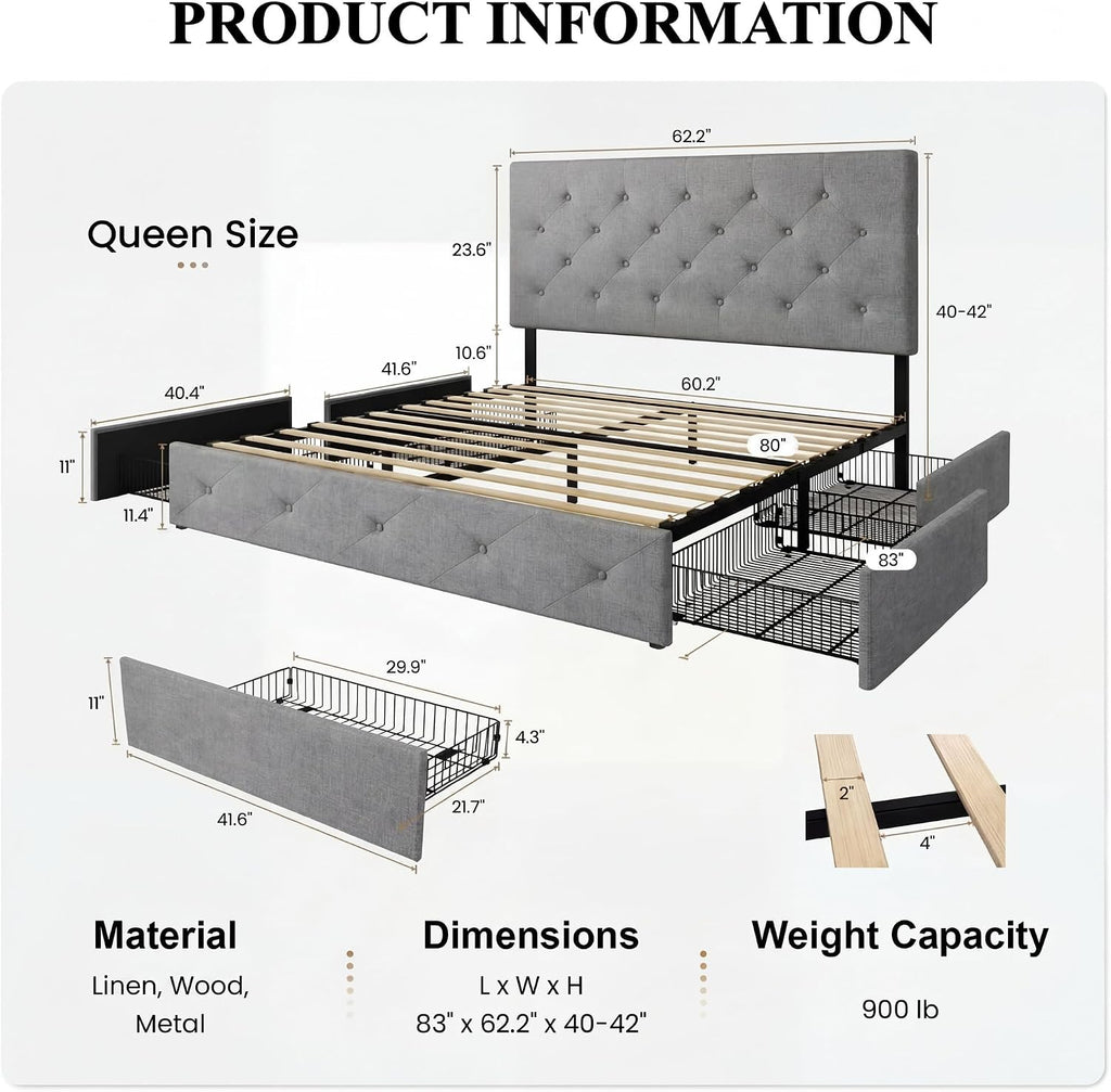 SHA CERLIN Upholstered Queen Size Platform Bed Frame with 4 Storage Drawers, Adjustable Headboard with Diamond Stitched Button Tufted Design, Wooden Slat Support, No Box Spring Needed, Light Grey