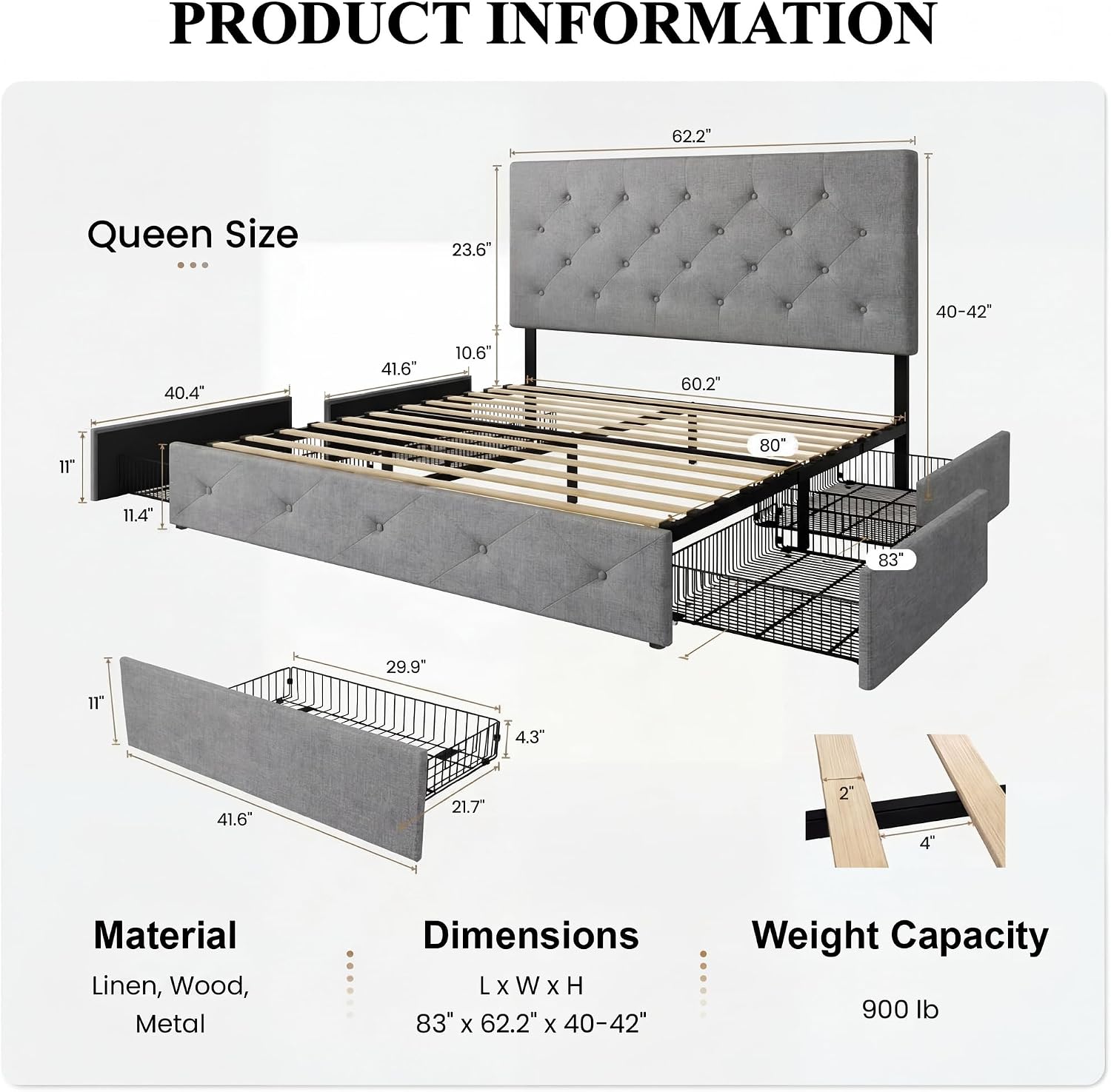 SHA CERLIN Upholstered Queen Size Platform Bed Frame with 4 Storage Drawers, Adjustable Headboard with Diamond Stitched Button Tufted Design, Wooden Slat Support, No Box Spring Needed, Light Grey