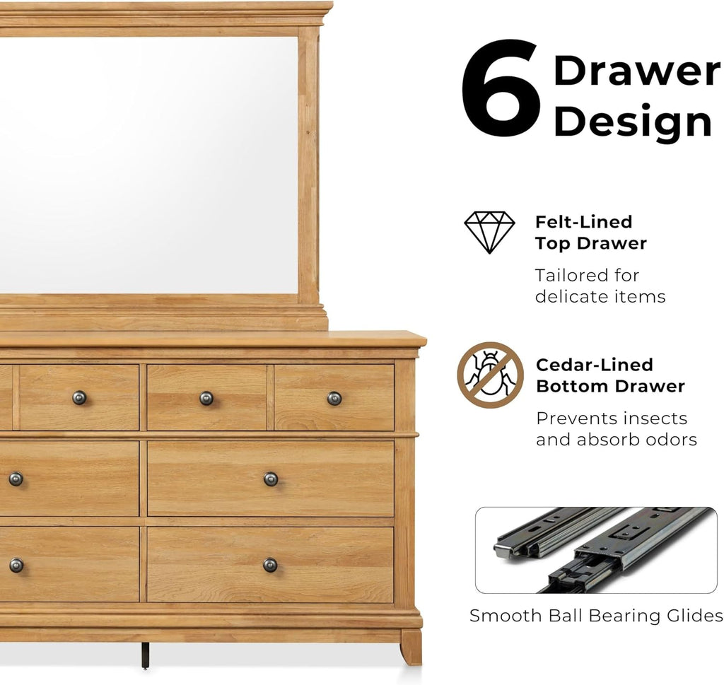 Furniture of America Yardley Farmhouse Solid Wood 5-Piece Bedroom Set with Platform Bed, Felt-Lined Top Drawers on Nightstands and Dresser with Mirror, Box Spring Needed, Queen, Natural Oak