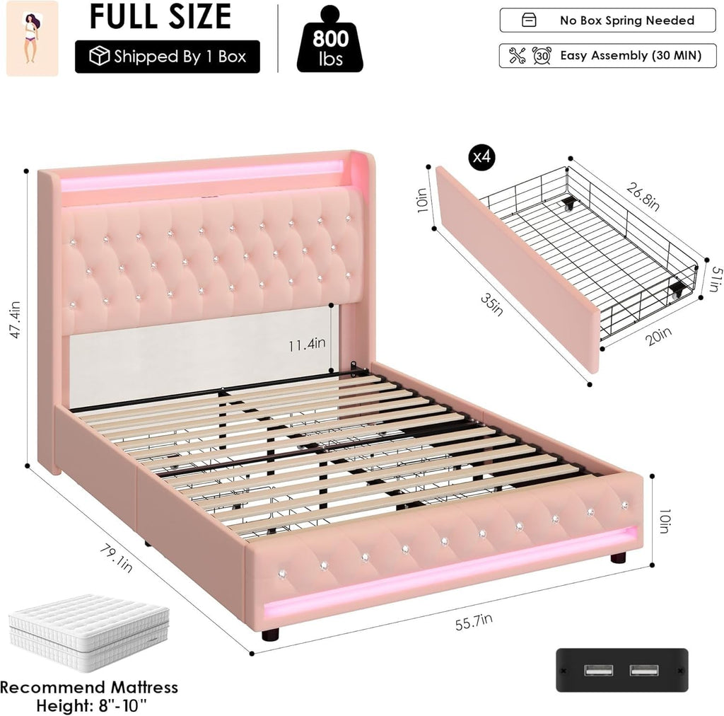HIFIT Upholstered Full Size LED Bed Frame with Charging Station & 4 Storage Drawers, Velvet Crystal Button-Tufted Wingback Headboard, Princess Platform Bed Frames for Girls, No Box Spring Needed, Pink