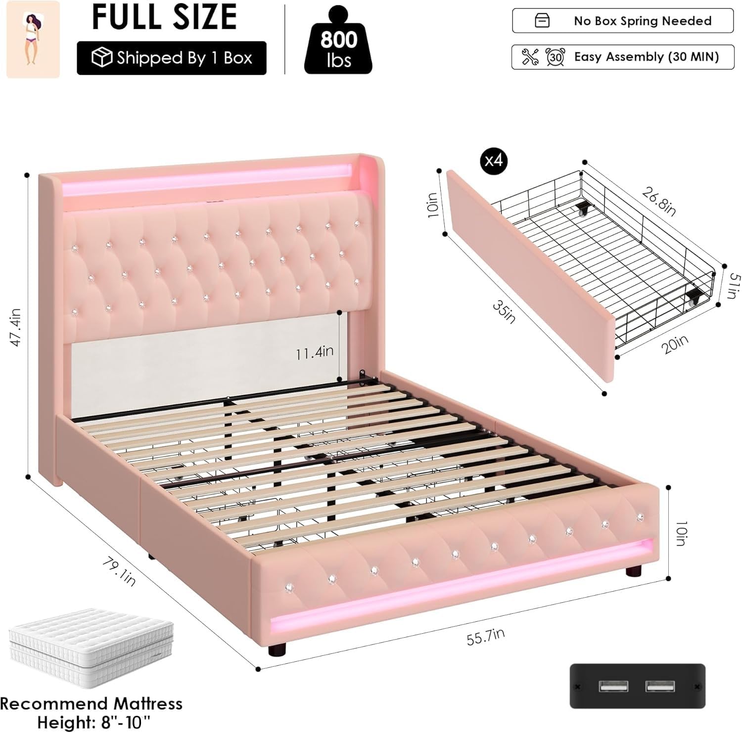HIFIT Upholstered Full Size LED Bed Frame with Charging Station & 4 Storage Drawers, Velvet Crystal Button-Tufted Wingback Headboard, Princess Platform Bed Frames for Girls, No Box Spring Needed, Pink
