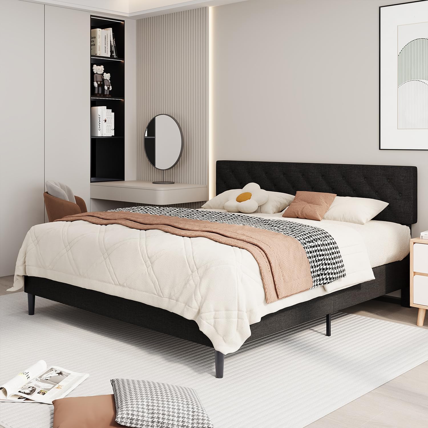 BarnFurin King Bed Frame, Upholstered Platform Bed with Button Tufted Headboard, Fabric Bed Frame with Wooden Slats Support, No Box Spring Required, Easy Assembly, Black