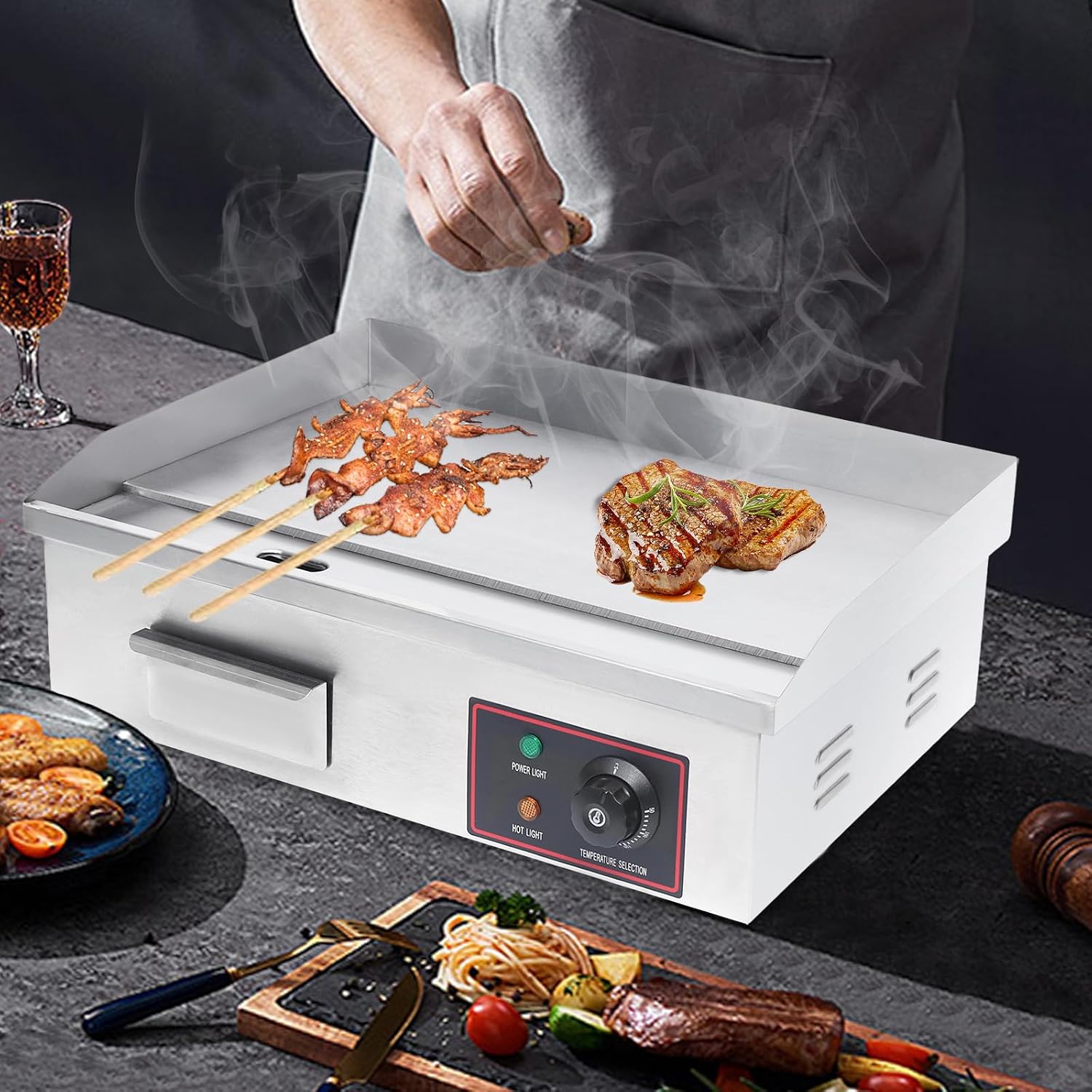 110V 1600W Commercial Electric Griddle, 21' Countertop Flat Top Grill 122-572℉Adjustable Tem, Stainless Steel Restaurant Grill for Home or Restaurant Kitchen
