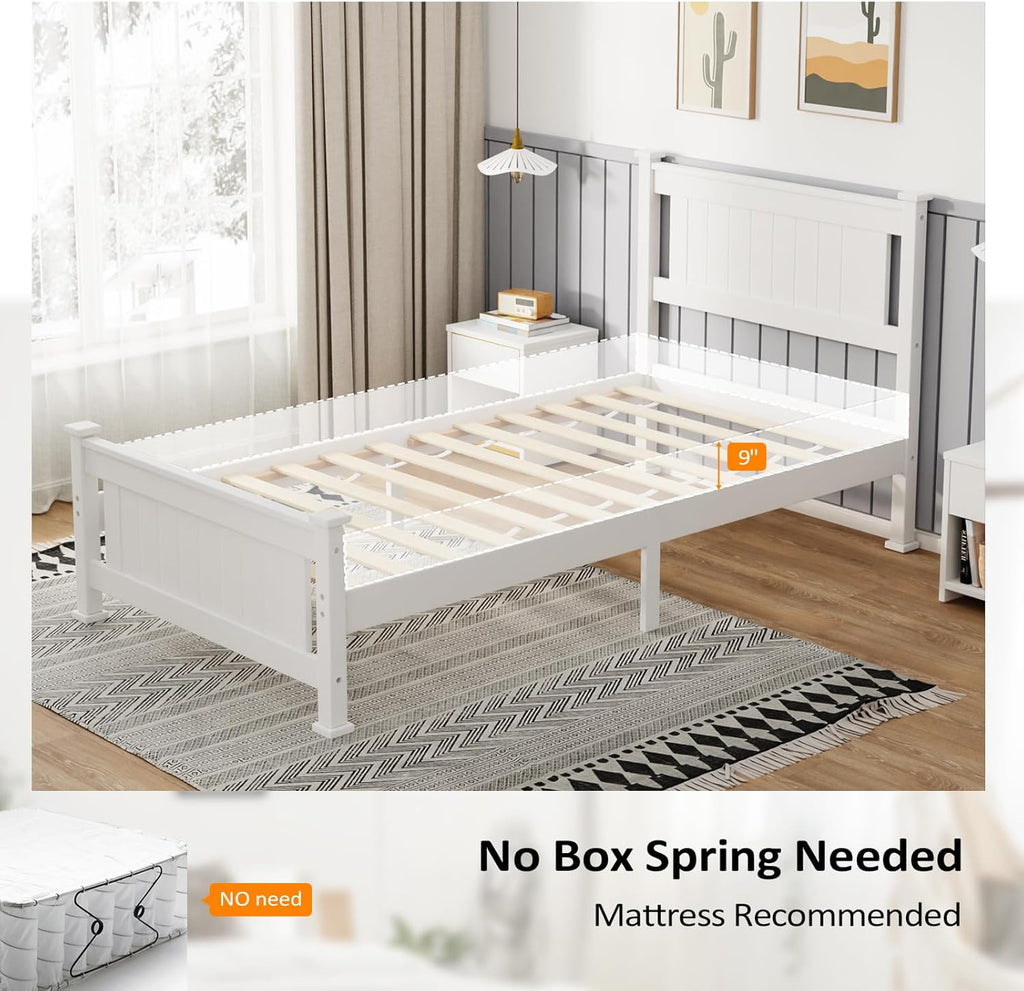 VINGLI Twin Bed Frame Set of 2 Solid Wood Platform Bed Frame, Single Bed with Headboard, No Box Spring Needed Panel Bed, Wood Slat Support Mattress Foundation, White