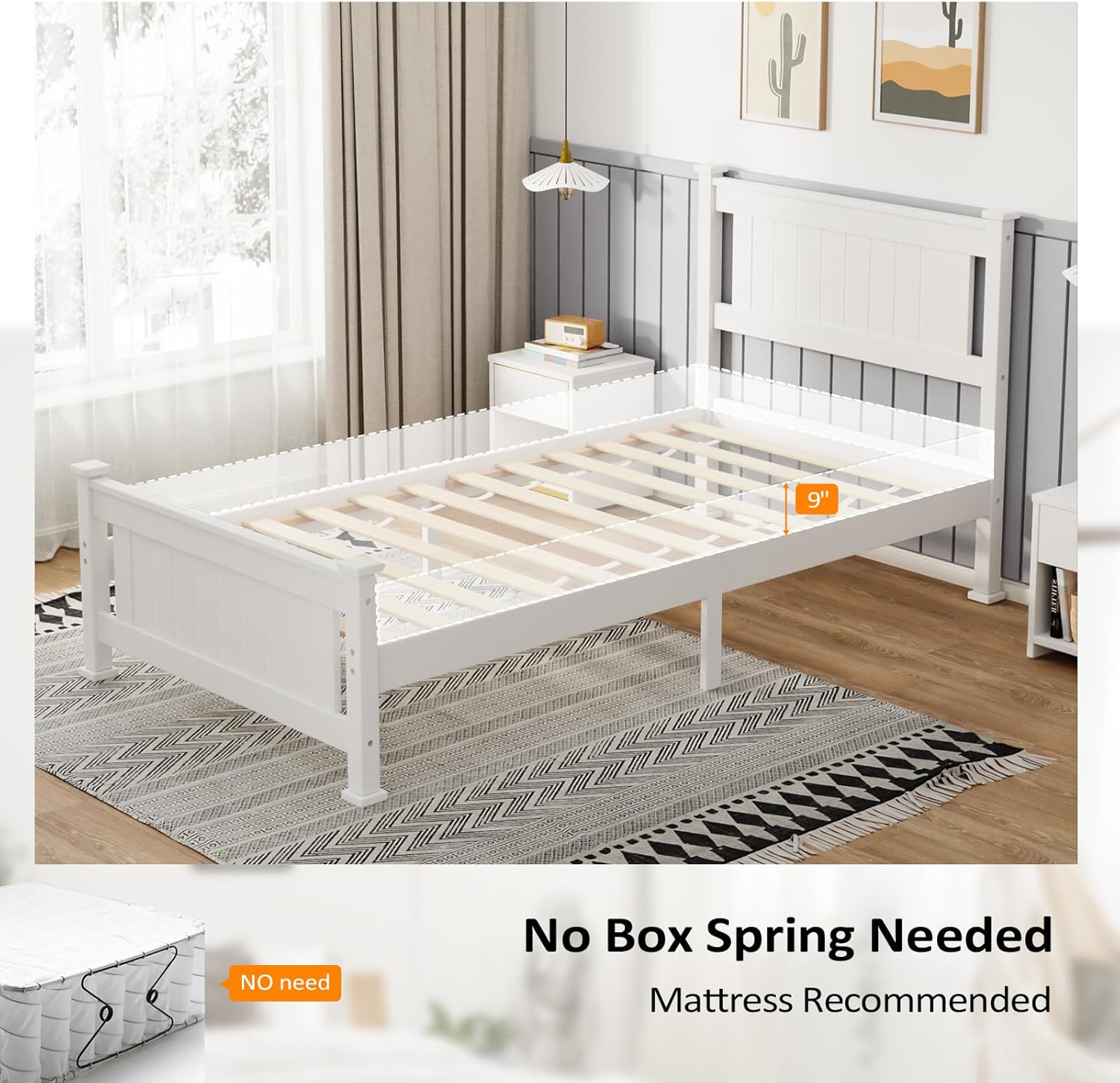 VINGLI Twin Bed Frame Set of 2 Solid Wood Platform Bed Frame, Single Bed with Headboard, No Box Spring Needed Panel Bed, Wood Slat Support Mattress Foundation, White