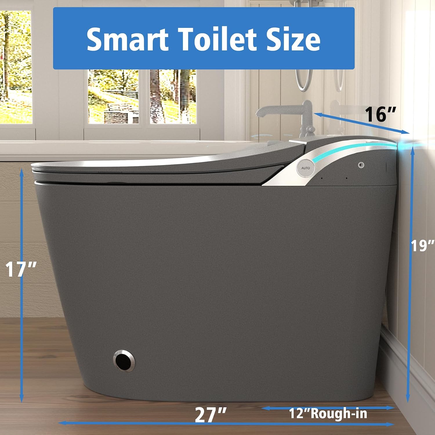 SouNor Grey Smart Toilet with Bidet Built In, Heated Seat, Warm Water and Dry, ADA Comfort Night Light, Auto Flush, Auto Open & Close Lid, Matte Grey