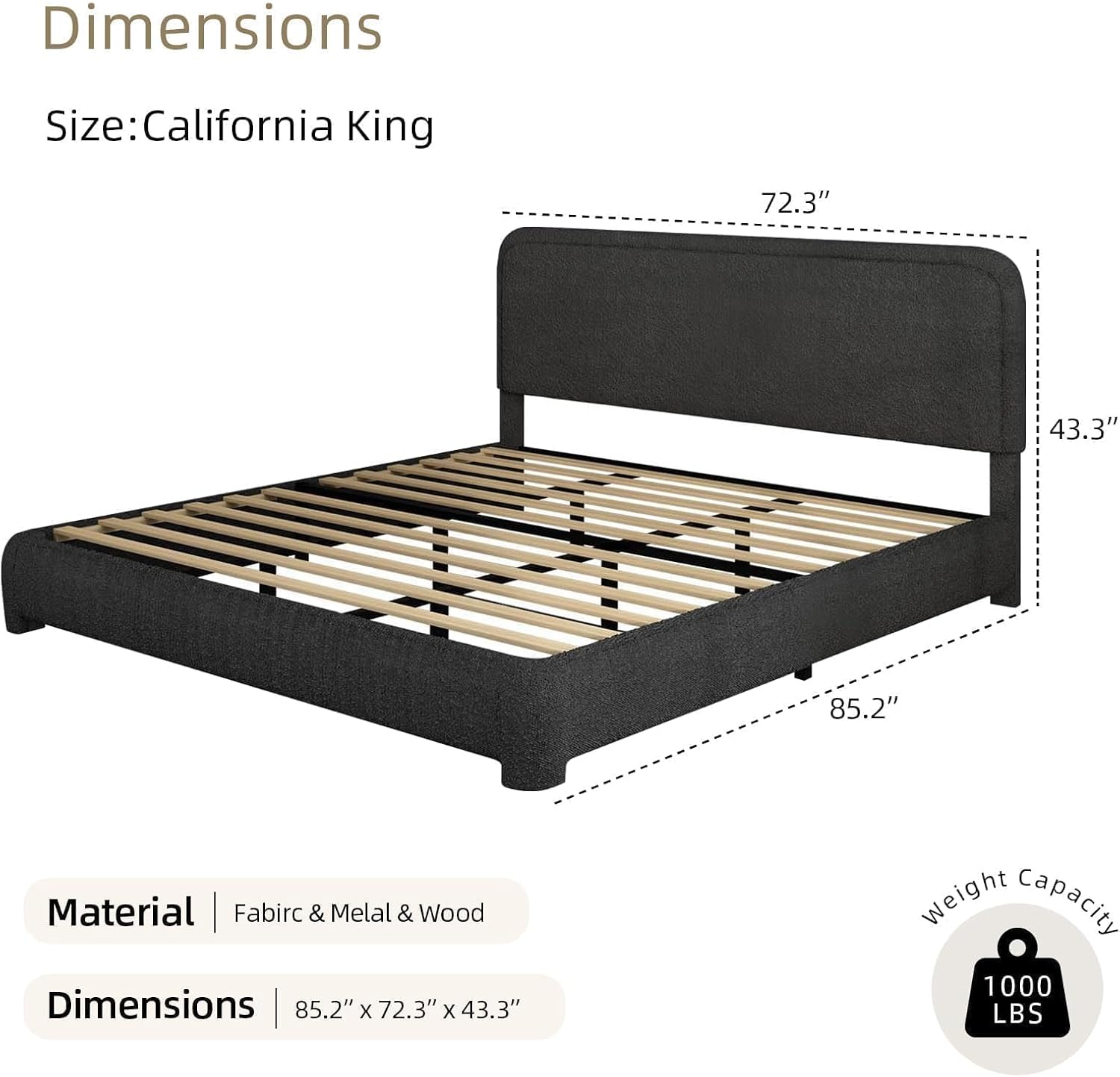 BarnFurin Boucle Upholstered California King Bed/Soft Rounded Corners Headboard/Low Profile Bed Frame/No Box Spring Needed/Non-Slip and Noise-Free/Black