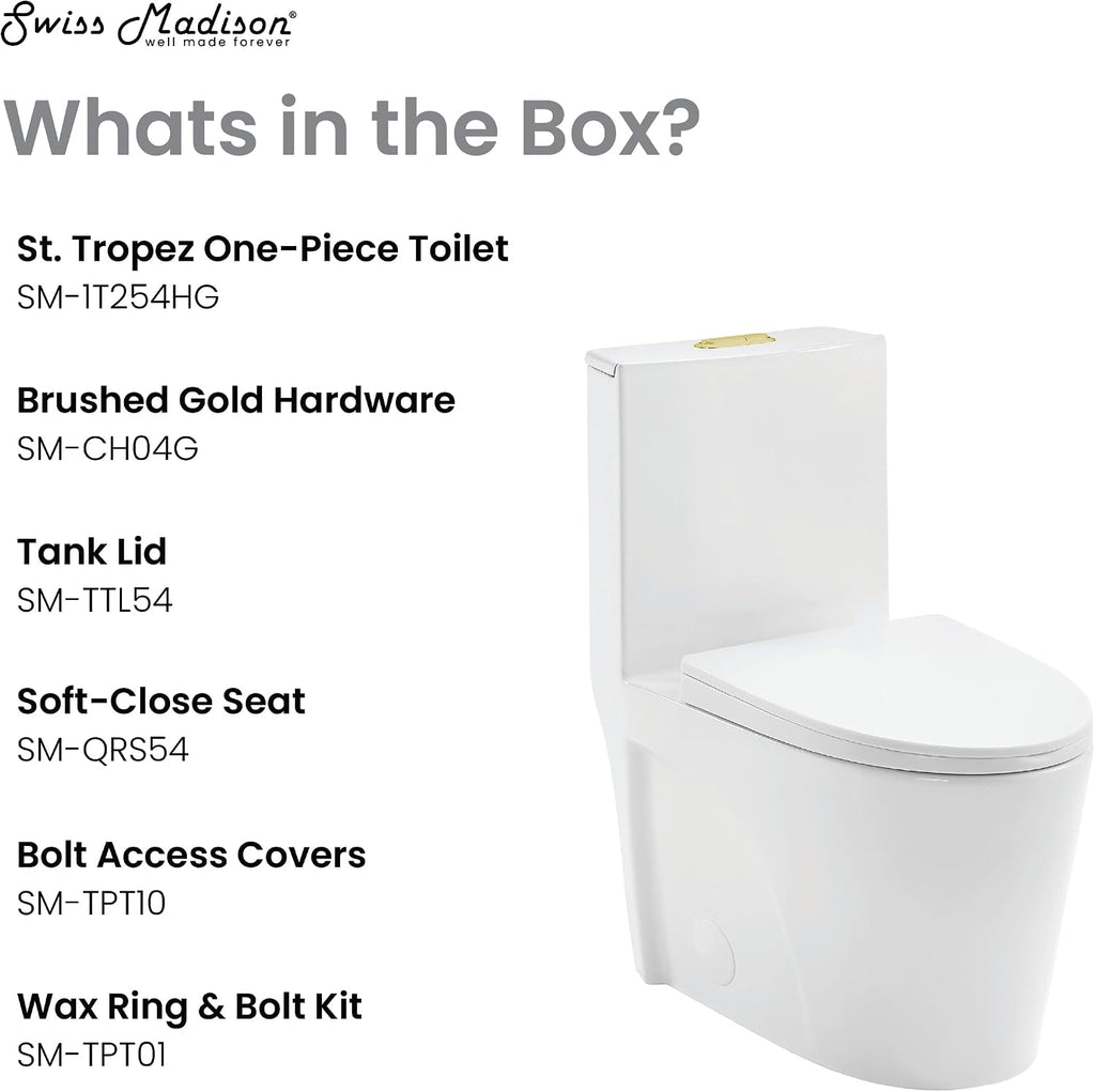 St. Tropez One Piece Elongated Toilet Dual Vortex Flush, Gold Hardware