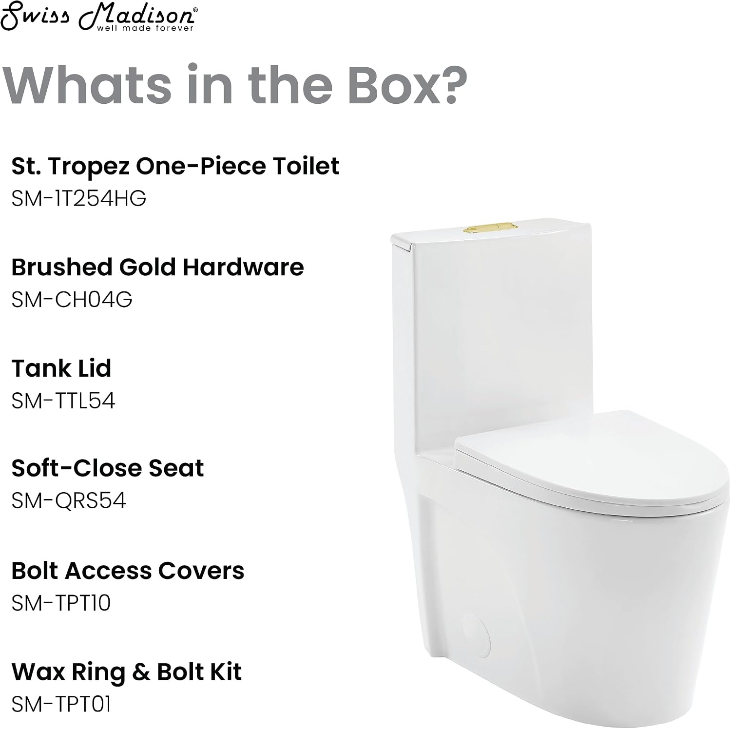 St. Tropez One Piece Elongated Toilet Dual Vortex Flush, Gold Hardware