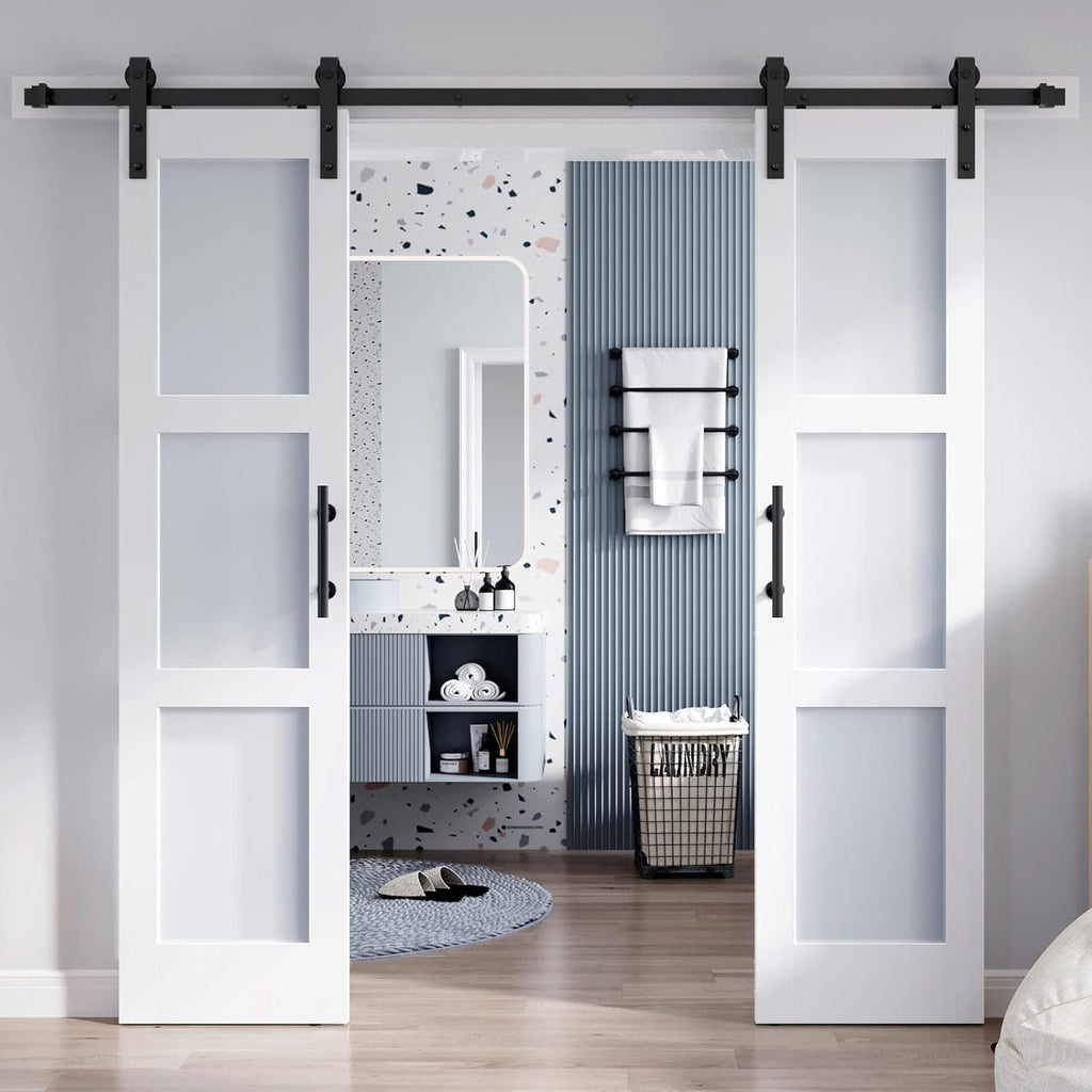 Double 21×84 Inch Glass Barn Door Slab and 7ft Hardware Kit Included, 3 Frosted Glass, LVL Wood Panel Covered with White Water-Proof Scratch-Proof PVC Surface, Simple DIY Assembly