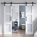 Double 21×84 Inch Glass Barn Door Slab and 7ft Hardware Kit Included, 3 Frosted Glass, LVL Wood Panel Covered with White Water-Proof Scratch-Proof PVC Surface, Simple DIY Assembly