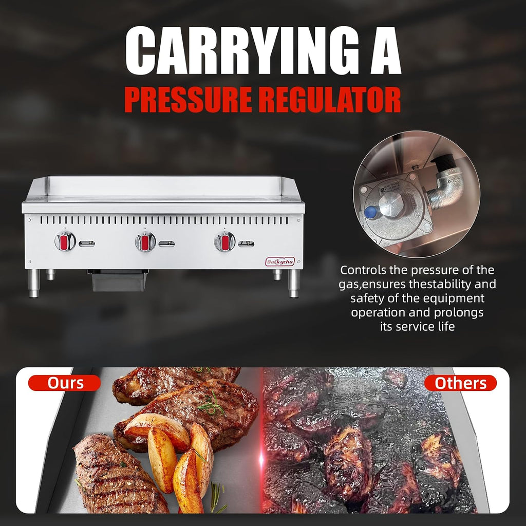 Commercial Gas Griddle - 36' Countertop Griddle. 90,000 BTU Flat Top Griddle, Natural Gas (NG) / Propane, CSA Certified Stainless Steel Teppanyaki Grill for Restaurants