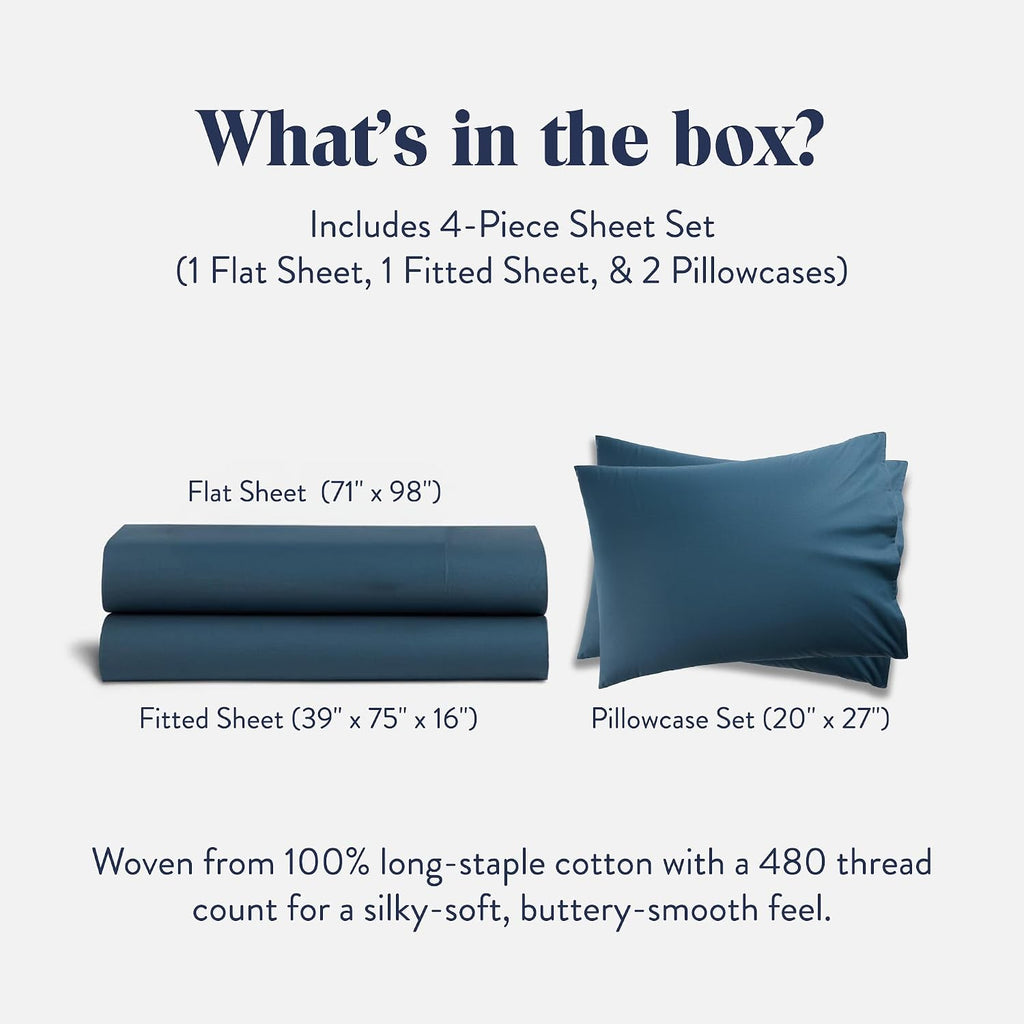Brooklinen Luxury Sateen 4 Piece Sheet Set - 100% Cotton Bed Sheets, Soft & Durable Twin Sheets Set in Abyss Blue, Oeko-TEX Certified Bedding Set, 1 Fitted Sheet, 1 Flat Sheet, 2 Pillowcases