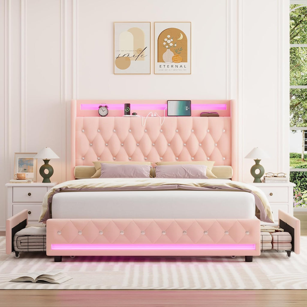 HIFIT Upholstered Full Size LED Bed Frame with Charging Station & 4 Storage Drawers, Velvet Crystal Button-Tufted Wingback Headboard, Princess Platform Bed Frames for Girls, No Box Spring Needed, Pink