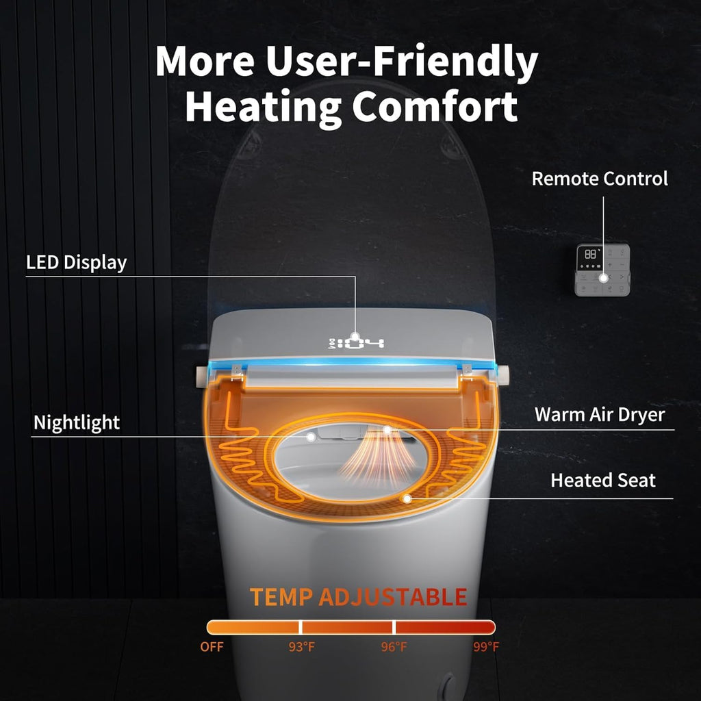 Smart Toilet with Bidet Built in, Tank Built in with Powerful Flush, Heated Seat, Auto Flush and Close, Warm Water, Air Dryer, Night Light and ADA Comfort Height for Bathroom