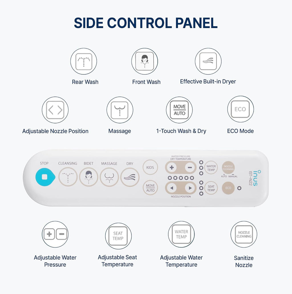 Inus N22 Electric Heated Bidet Toilet Seat Elongated, Warm Water, Smart Heated Water Luxury Bidet Toilet Seat with Kids Mode, Air Dryer, Self Cleaning, Tankless, Smart Touch Panel & Temp Control