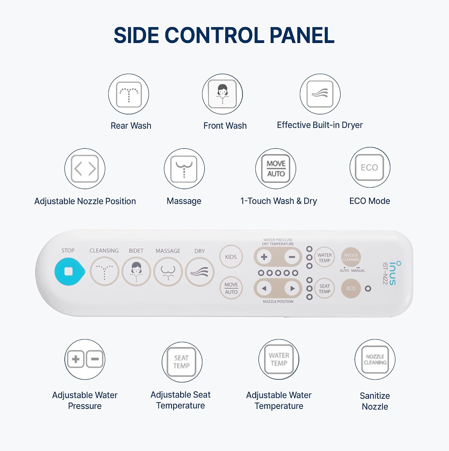 Inus N22 Electric Heated Bidet Toilet Seat Elongated, Warm Water, Smart Heated Water Luxury Bidet Toilet Seat with Kids Mode, Air Dryer, Self Cleaning, Tankless, Smart Touch Panel & Temp Control