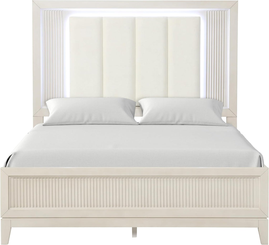 Furniture of America Oberlin Modern Solid Wood 6-Piece Bedroom Set with LED on Padded Fabric Headboard, Vertical Channel Tufting, Chrome Finger Pulls, Box Spring Needed, Queen, Antique White