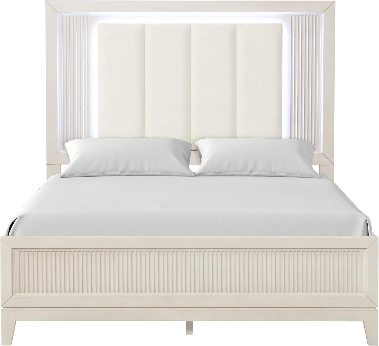 Furniture of America Oberlin Modern Solid Wood 6-Piece Bedroom Set with LED on Padded Fabric Headboard, Vertical Channel Tufting, Chrome Finger Pulls, Box Spring Needed, Queen, Antique White