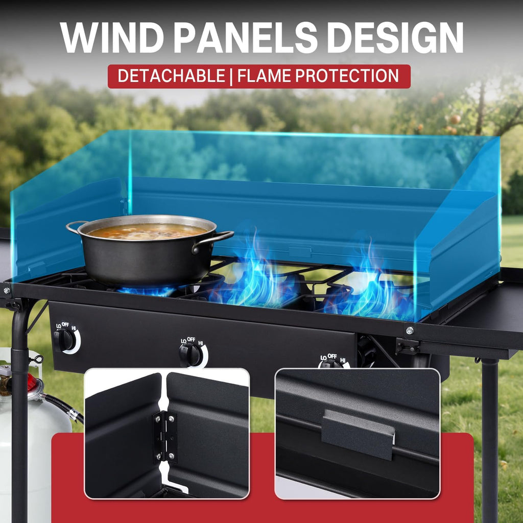 3 Burner Propane Camp Stove | 225,000 BTU Gas Burners | Side Shelves | Windscreen | Waterproof Cover | Detachable Legs | Ideal for Camping Backyard Outdoor Cooking