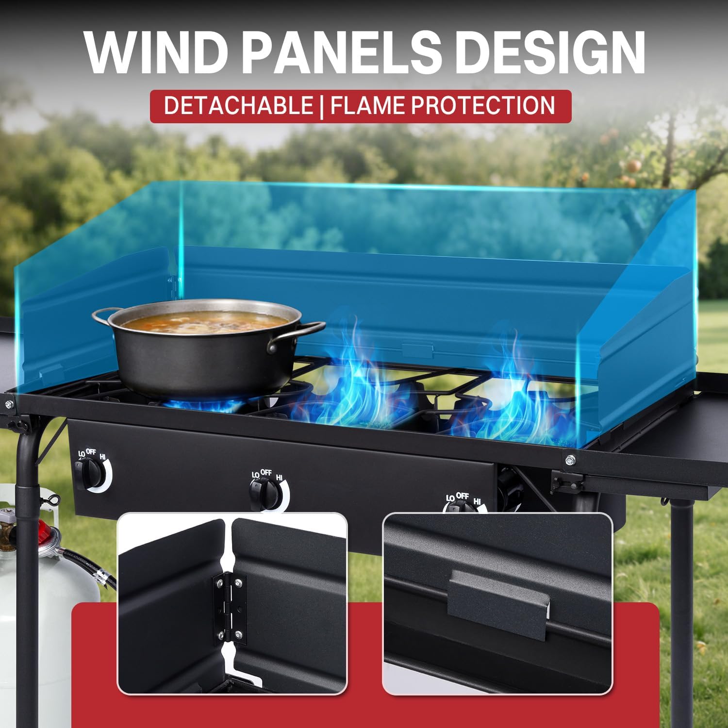3 Burner Propane Camp Stove | 225,000 BTU Gas Burners | Side Shelves | Windscreen | Waterproof Cover | Detachable Legs | Ideal for Camping Backyard Outdoor Cooking