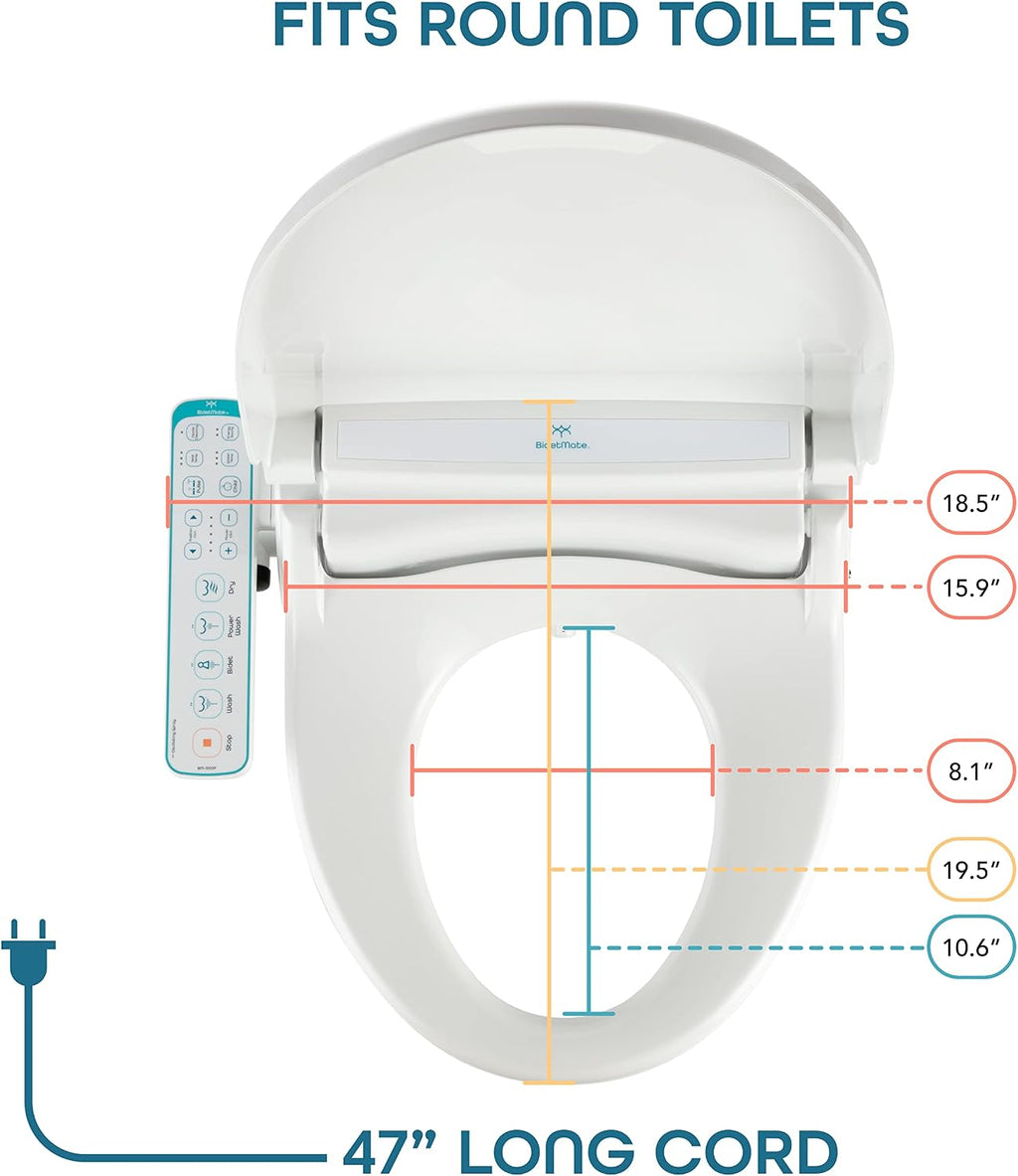 BidetMate 1000 Series Electric Smart Toilet Bidet Seat with Heated Water, Side Control Panel, and Warm Air Dryer - Self-Cleaning - Perfect for a Smart Home Kit - Round