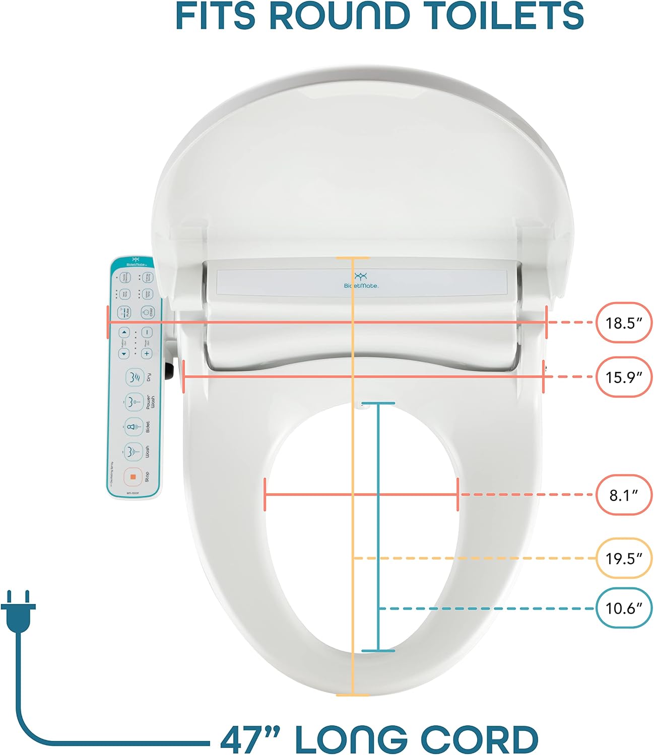 BidetMate 1000 Series Electric Smart Toilet Bidet Seat with Heated Water, Side Control Panel, and Warm Air Dryer - Self-Cleaning - Perfect for a Smart Home Kit - Round