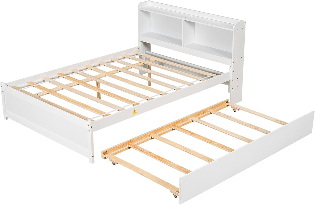 Full Size Bed Frame with Trundle,Captain's Bed Full with Bookcase Headboard for Kids,Trundle Bed with Storage for Kids,Teens,Adults(White)