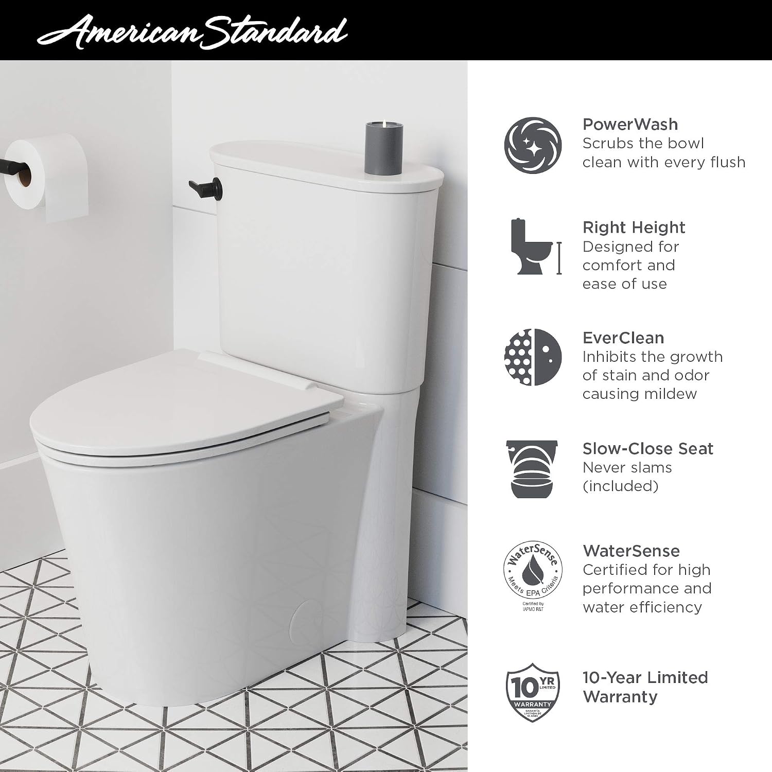 American Standard 226AA105.020 Studio S Height Elongated Toilet with Seat-Right Hand Trip Lever, White