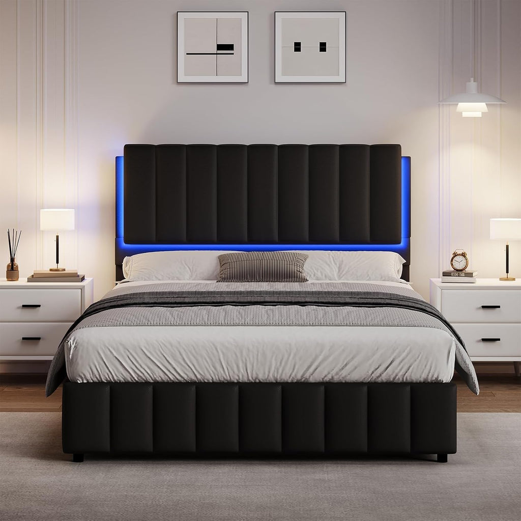REVOMINCA Queen Size Bed Frame with Headboard and LED Lights, Modern Upholstered Faux Leather Platform Bed with Wooden Slats Support, No Box Spring Needed, Easy Assembly, Black