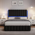 REVOMINCA Queen Size Bed Frame with Headboard and LED Lights, Modern Upholstered Faux Leather Platform Bed with Wooden Slats Support, No Box Spring Needed, Easy Assembly, Black