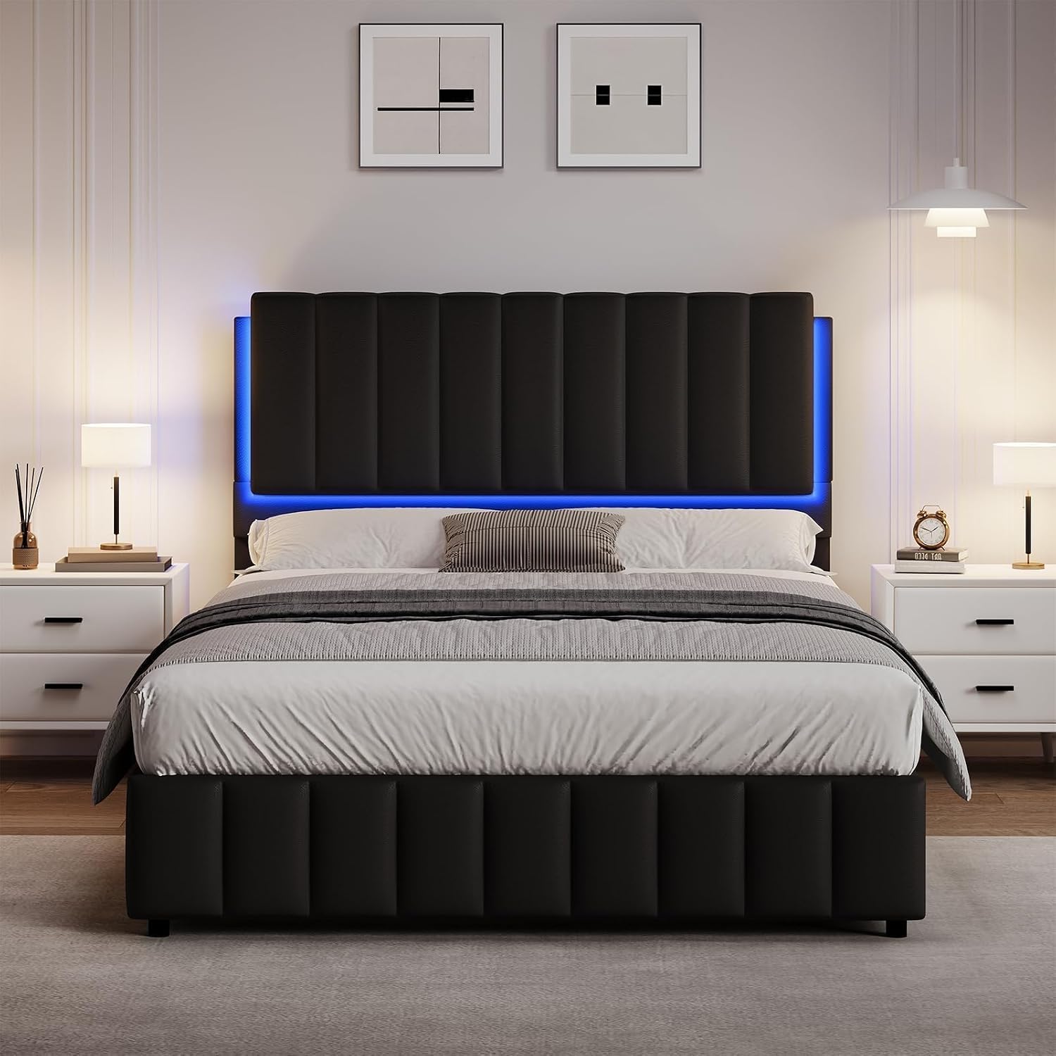 REVOMINCA Queen Size Bed Frame with Headboard and LED Lights, Modern Upholstered Faux Leather Platform Bed with Wooden Slats Support, No Box Spring Needed, Easy Assembly, Black