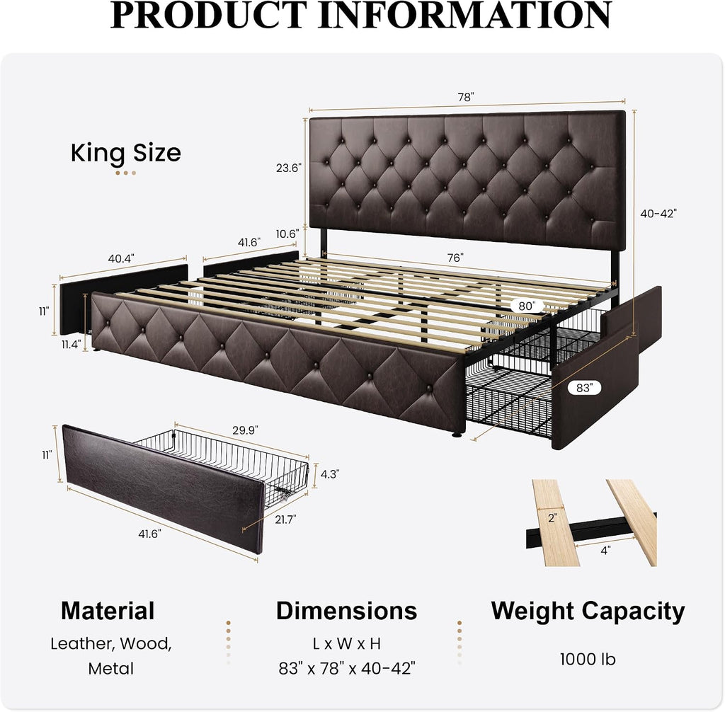SHA CERLIN Upholstered King Size Platform Bed Frame with 4 Storage Drawers, Adjustable Headboard with Diamond Stitched Button Tufted Design, Wooden Slat Support, No Box Spring Needed, Black Brown