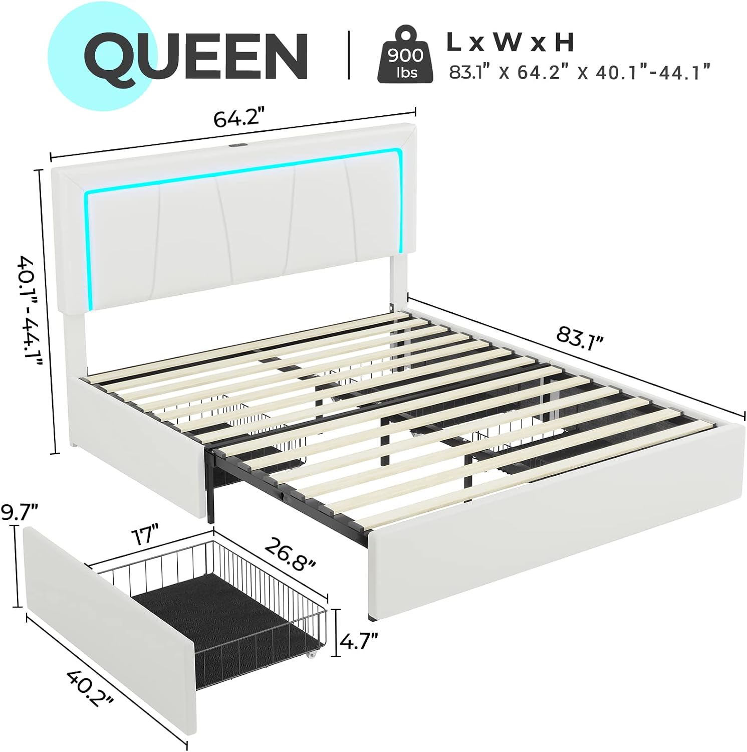 Hasuit Queen Bed Frame with 4 Storage Drawers Underneath, Upholstered Platform Bed Queen Size with Artificial Leather Headboard, Modern Bed with LED Light, and Charging Station, White