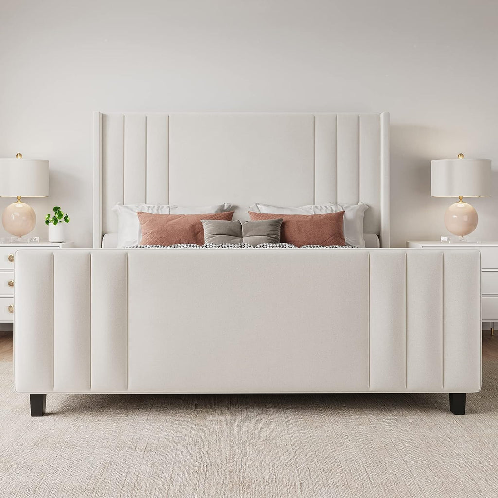 Albott Queen Size Platform Bed Frame, Upholstered Bed with Vertical Channel Tufted Wingback Headboard & Footboard, Premium Velvet, No Box Spring Needed, Cream