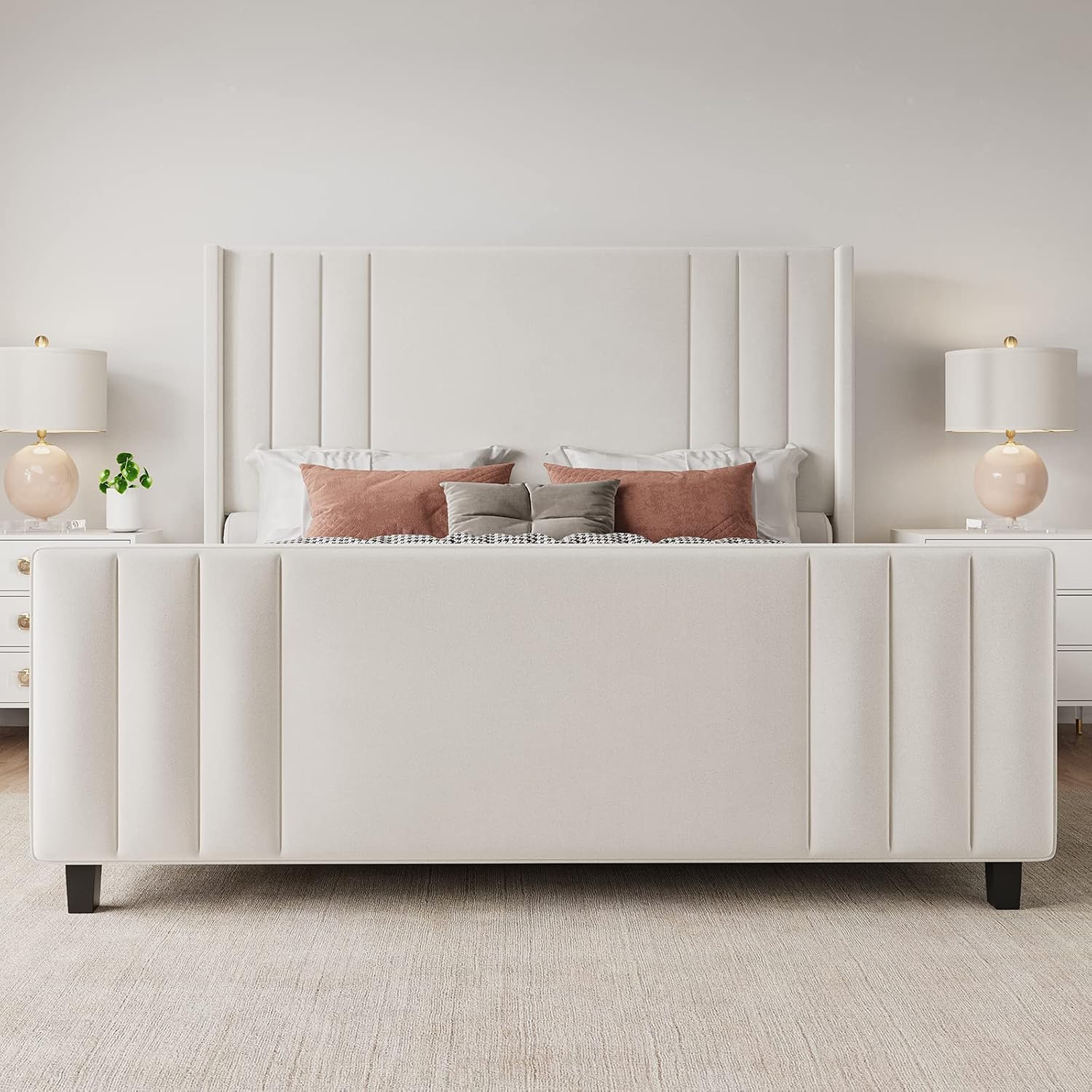 Albott Queen Size Platform Bed Frame, Upholstered Bed with Vertical Channel Tufted Wingback Headboard & Footboard, Premium Velvet, No Box Spring Needed, Cream